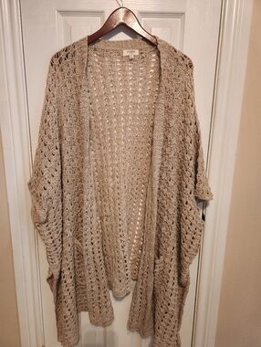 Umgee Oversized Crochet Cardigan Beige Open Front With Pockets Short Sleeve